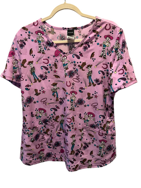 Pixar Toy Story Jessie Woody Pink Scrub Top V Neck Medical Uniform NWT